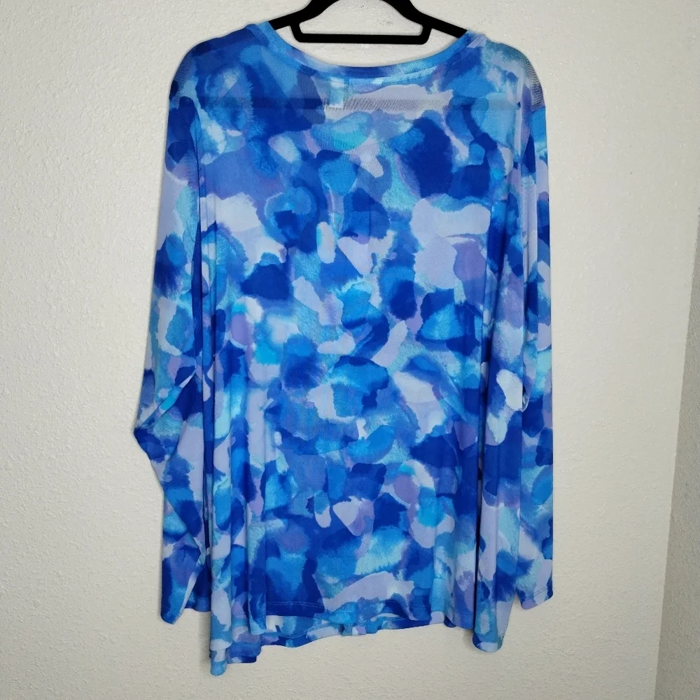 LOGO Layers Lori Goldstein Watercolor Printed Mesh Cardigan Blue Sea Size 3X